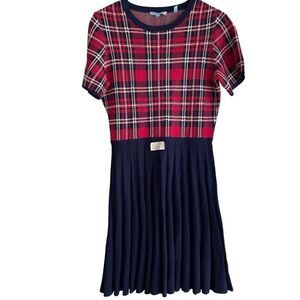 Draper James Womens Sweaterdress M Angie Navy Red Plaid Short Sleeve Preppy